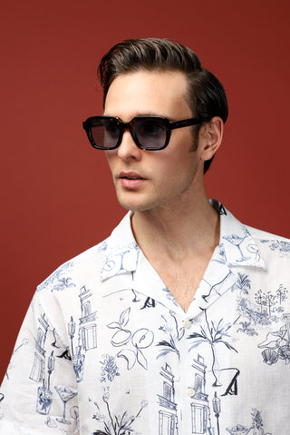  Beyaz Kısa Kol Regular Fit Pamuklu Keten Karışımlı Baskılı Gömlek