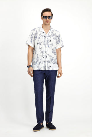  Beyaz Kısa Kol Regular Fit Pamuklu Keten Karışımlı Baskılı Gömlek
