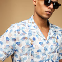 Mavi Kısa Kol Regular Fit Pamuklu Keten Baskılı Gömlek