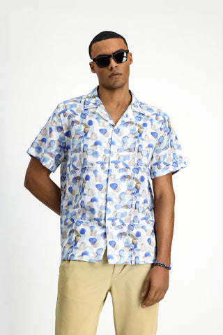  Mavi Kısa Kol Regular Fit Pamuklu Keten Karışımlı Baskılı Gömlek