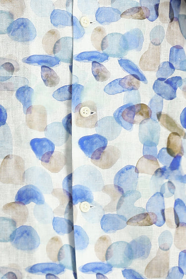 Mavi Kısa Kol Regular Fit Pamuklu Keten Baskılı Gömlek