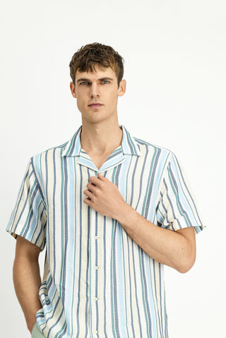  Açık Lacivert Kısa Kol Regular Fit Pamuk Spor Çizgili Gömlek