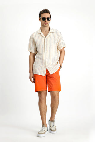  Toz Pembe Kısa Kol Regular Fit Pamuklu Çizgili Gömlek