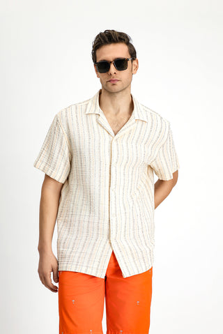  Toz Pembe Kısa Kol Regular Fit Pamuklu Çizgili Gömlek