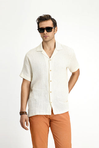  Açık Sarı Kısa Kol Regular Fit Pamuklu Çizgili Gömlek