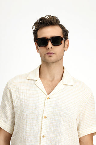  Açık Sarı Kısa Kol Regular Fit Pamuklu Çizgili Gömlek