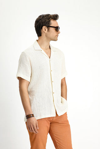  Açık Sarı Kısa Kol Regular Fit Pamuklu Çizgili Gömlek