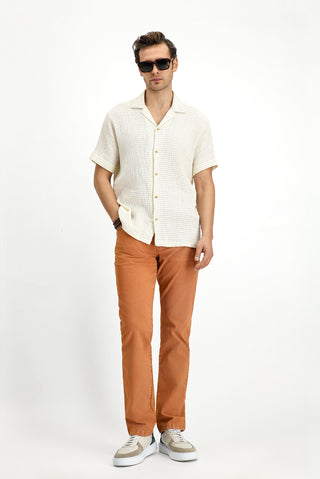  Açık Sarı Kısa Kol Regular Fit Pamuklu Çizgili Gömlek