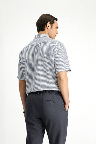  Beyaz-Lacivert Kısa Kol Regular Fit Pamuklu Çizgili Gofre Gömlek