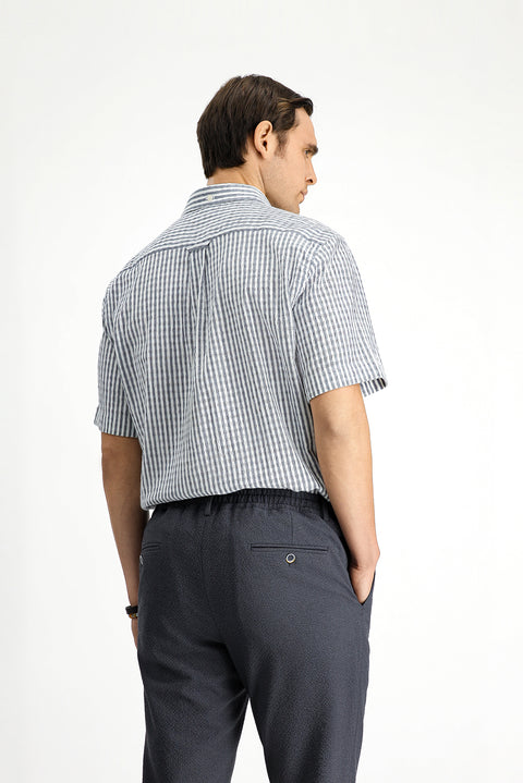 Beyaz-Lacivert Kısa Kol Regular Fit Pamuklu Çizgili Gofre Gömlek