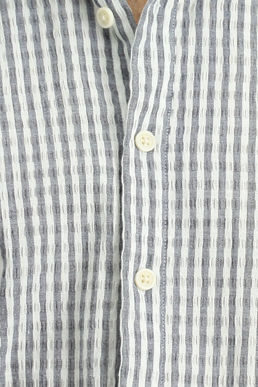 Beyaz-Lacivert Kısa Kol Regular Fit Pamuklu Çizgili Gofre Gömlek