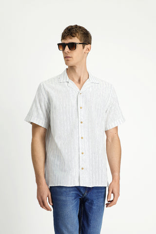  Açık Lacivert Kısa Kol Regular Fit Pamuklu Spor Çizgili Gömlek