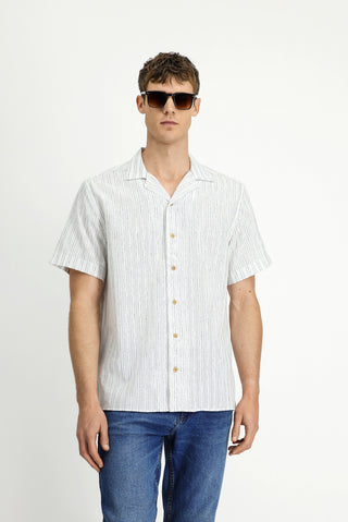  Açık Lacivert Kısa Kol Regular Fit Pamuklu Spor Çizgili Gömlek