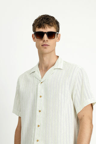  Çağla Yeşili Kısa Kol Regular Fit Pamuklu Spor Çizgili Gömlek