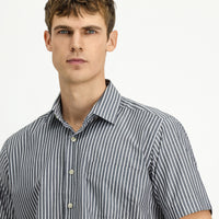 Koyu Füme Kısa Kol Regular Fit Çizgili Kolay Ütülenebilir Pamuklu Gömlek