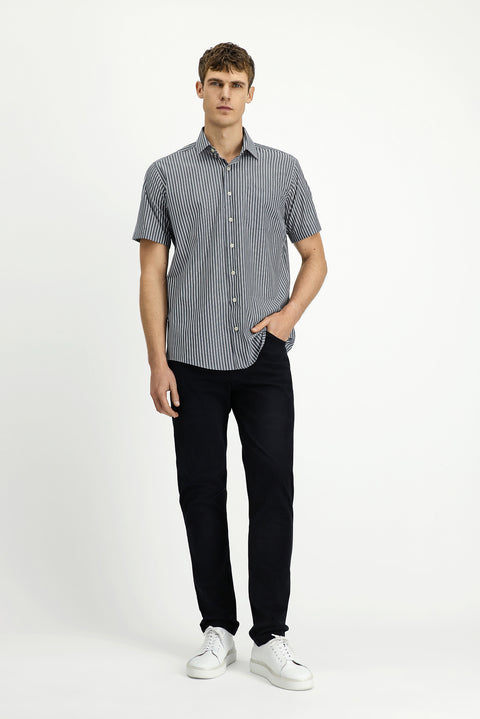 Koyu Füme Kısa Kol Regular Fit Çizgili Kolay Ütülenebilir Pamuklu Gömlek