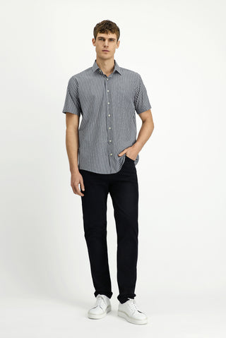  Koyu Füme Kısa Kol Regular Fit Çizgili Kolay Ütülenebilir Pamuklu Gömlek