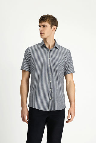  Koyu Füme Kısa Kol Regular Fit Çizgili Kolay Ütülenebilir Pamuklu Gömlek