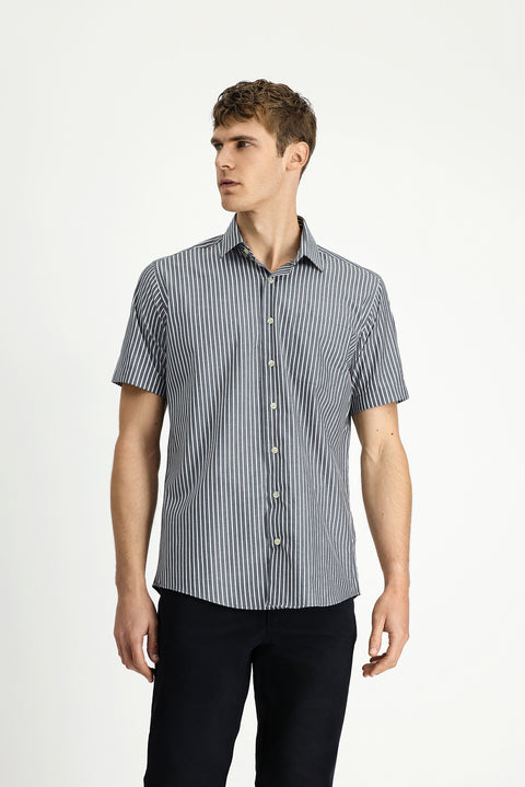 Koyu Füme Kısa Kol Regular Fit Çizgili Kolay Ütülenebilir Pamuklu Gömlek