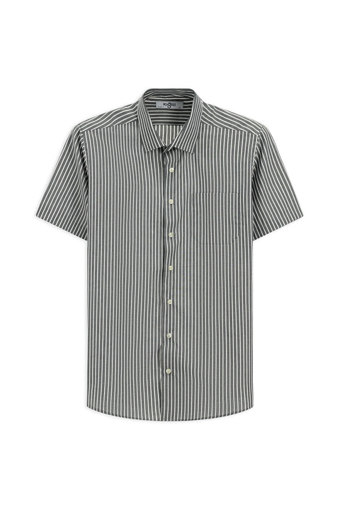 Koyu Füme Kısa Kol Regular Fit Çizgili Kolay Ütülenebilir Pamuklu Gömlek