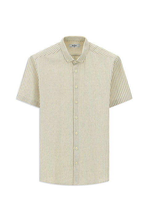 Açık Bej Kısa Kol Regular Fit Düğmeli Yaka Pamuklu Çizgili Gömlek