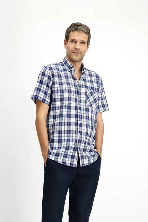 Light Navy Short Sleeve Regular Fit Cotton Sport Button-Down Plaid Shirt