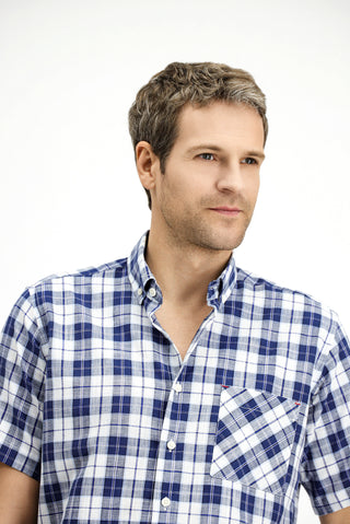  Açık Lacivert Kısa Kol Regular Fit Pamuk Spor Düğmeli Yaka Ekose Gömlek