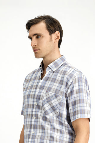  Orta Bej Kısa Kol Regular Fit Pamuk Spor Düğmeli Yaka Ekose Gömlek