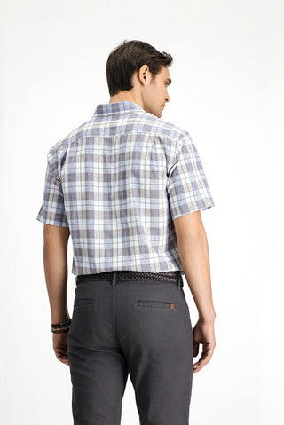  Orta Bej Kısa Kol Regular Fit Pamuk Spor Düğmeli Yaka Ekose Gömlek