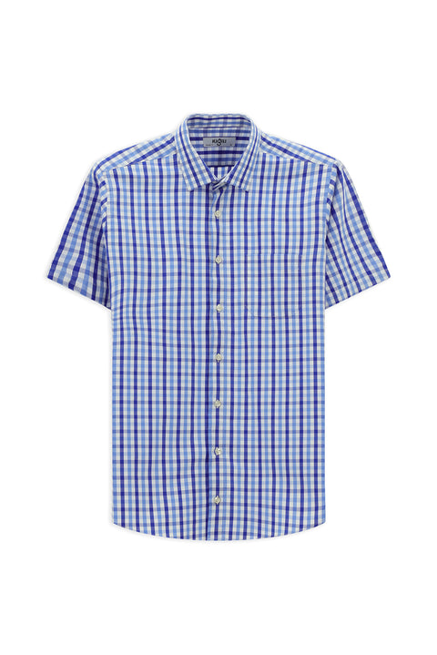 Dark Blue Short Sleeve Regular Fit Plaid Cotton Shirt