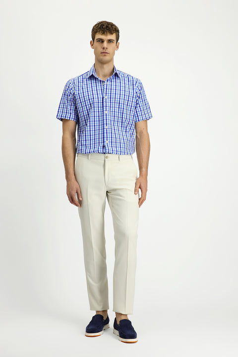 Dark Blue Short Sleeve Regular Fit Plaid Cotton Shirt