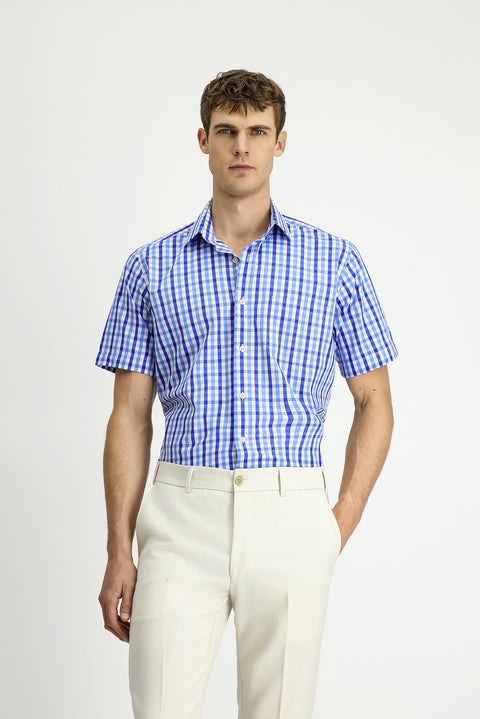 Dark Blue Short Sleeve Regular Fit Plaid Cotton Shirt