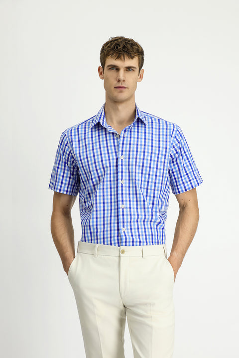 Dark Blue Short Sleeve Regular Fit Plaid Cotton Shirt