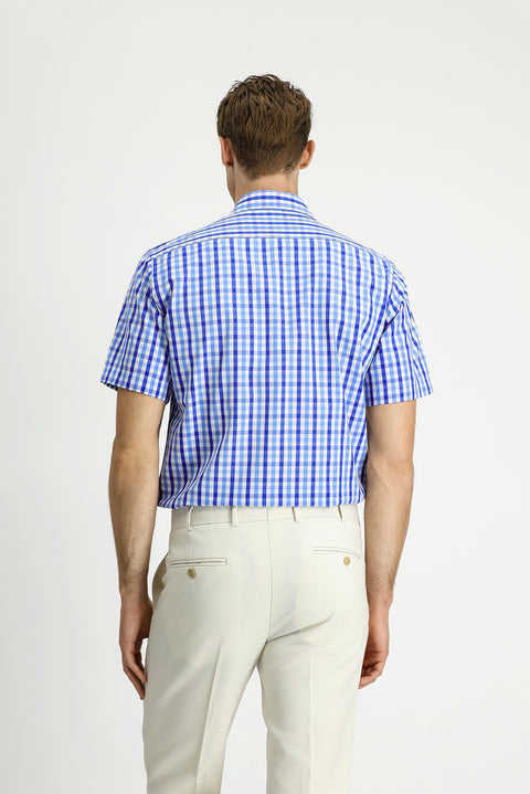 Dark Blue Short Sleeve Regular Fit Plaid Cotton Shirt