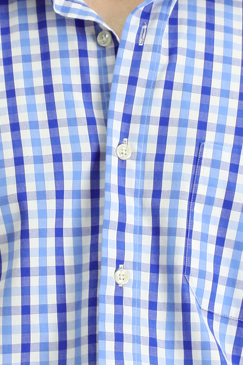 Dark Blue Short Sleeve Regular Fit Plaid Cotton Shirt