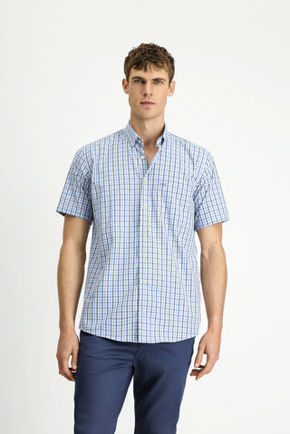  Mavi Kısa Kol Regular Fit Ekose Düğmeli Yaka Kolay Ütülenebilir Pamuklu Gömlek