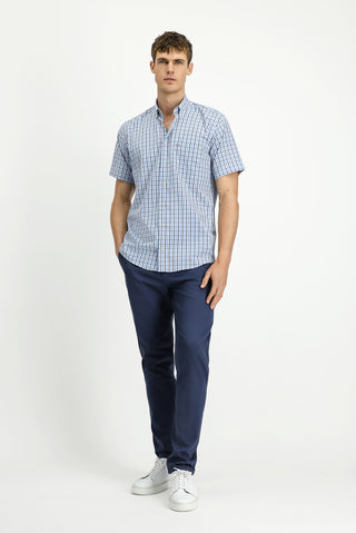  Mavi Kısa Kol Regular Fit Ekose Düğmeli Yaka Kolay Ütülenebilir Pamuklu Gömlek