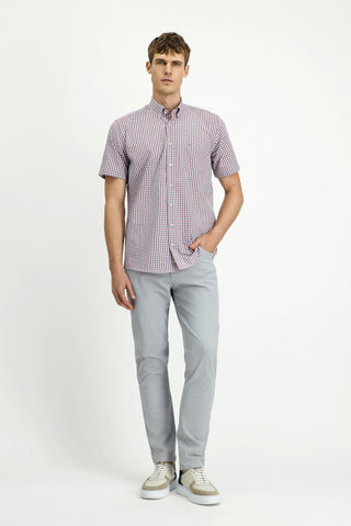  Açık Bordo Kısa Kol Regular Fit Ekose Düğmeli Yaka Kolay Ütülenebilir Pamuklu Gömlek