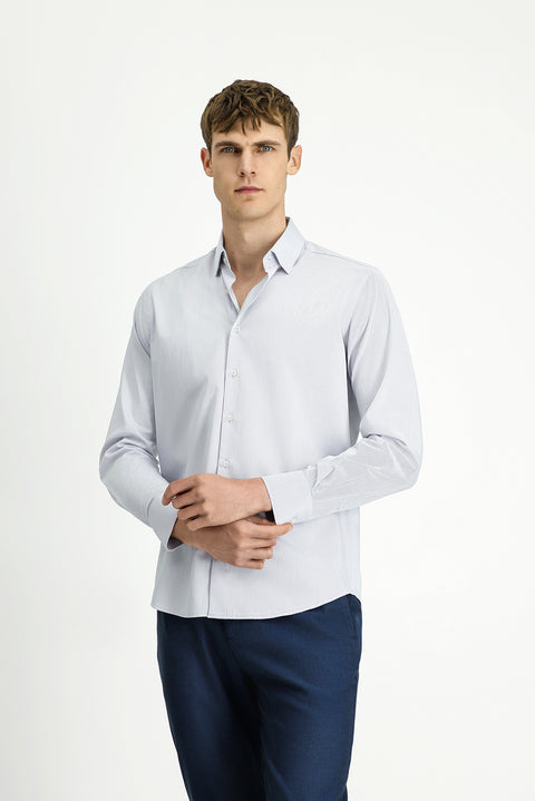 Orta Gri Uzun Kol Slim Fit Dar Kesim Klasik Desenli Pamuk Gömlek