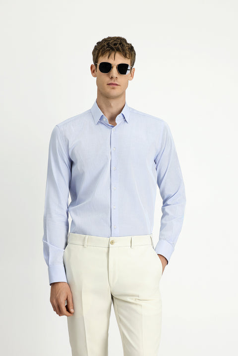 Açık Mavi Uzun Kol Slim Fit Dar Kesim Klasik Desenli Pamuk Gömlek