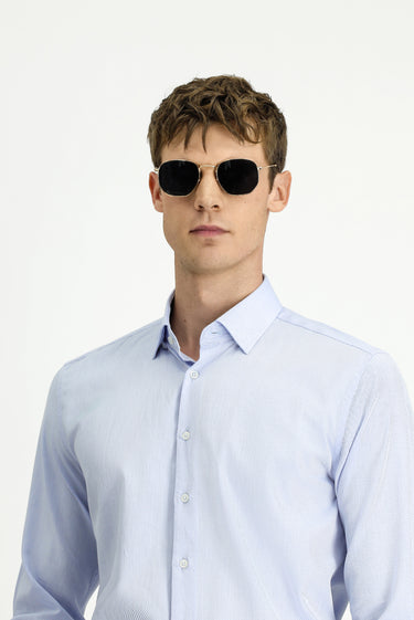  Açık Mavi Uzun Kol Slim Fit Dar Kesim Klasik Desenli Pamuk Gömlek