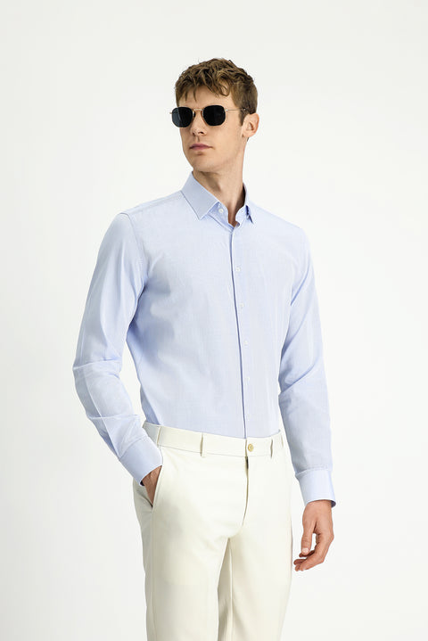 Açık Mavi Uzun Kol Slim Fit Dar Kesim Klasik Desenli Pamuk Gömlek