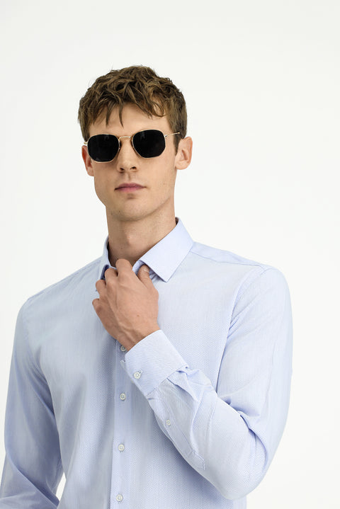 Açık Mavi Uzun Kol Slim Fit Dar Kesim Klasik Desenli Pamuk Gömlek