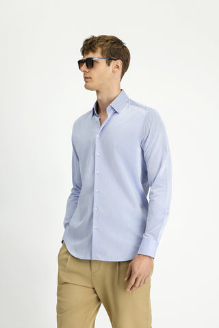  Mavi Uzun Kol Slim Fit Dar Kesim Klasik Desenli Pamuk Gömlek