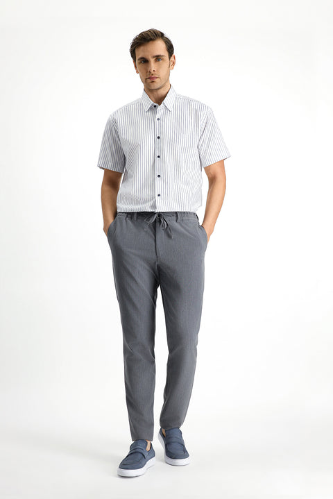 Orta Lacivert Kısa Kol Slim Fit Dar Kesim Pamuk Çizgili Gömlek