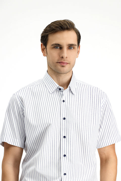 Orta Lacivert Kısa Kol Slim Fit Dar Kesim Pamuk Çizgili Gömlek