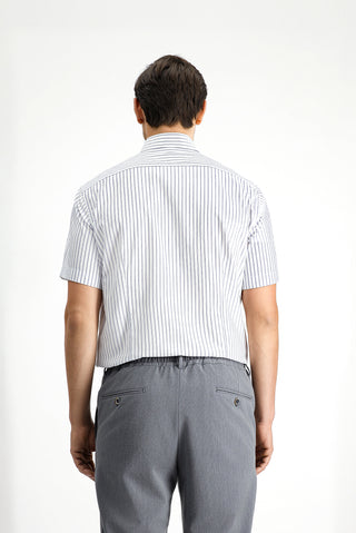  Orta Lacivert Kısa Kol Slim Fit Dar Kesim Pamuk Çizgili Gömlek