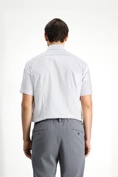 Orta Lacivert Kısa Kol Slim Fit Dar Kesim Pamuk Çizgili Gömlek