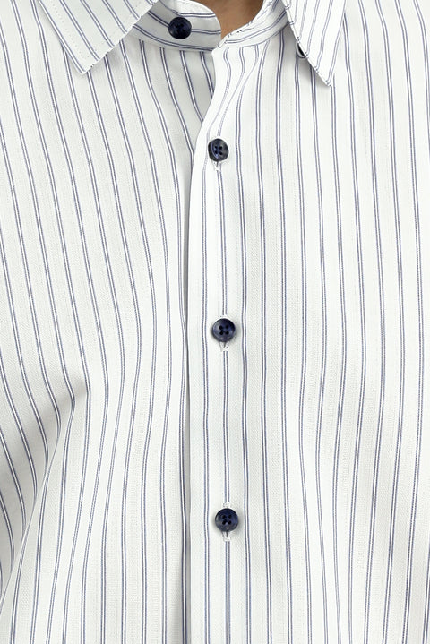 Orta Lacivert Kısa Kol Slim Fit Dar Kesim Pamuk Çizgili Gömlek