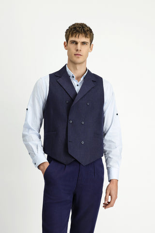  Koyu Lacivert Yünlü Keten Karışımlı Klasik Kruvaze Yelek